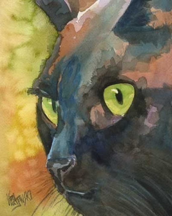 Black Cat Art Print of Original Watercolor Painting 8x10 Signed by Artist