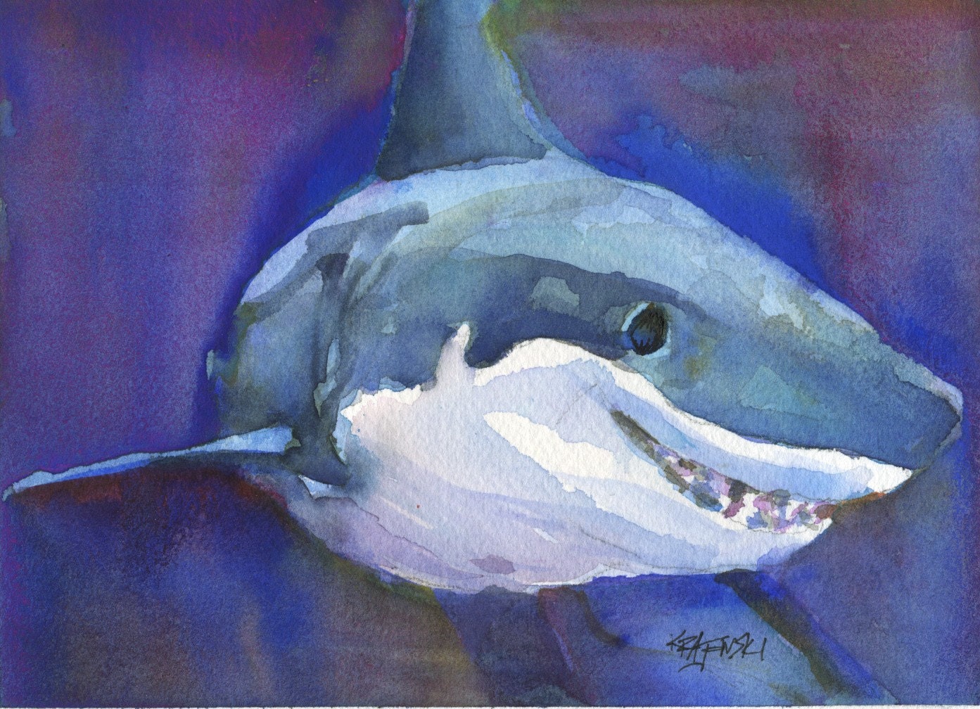 Great White Shark Original Watercolor Painting by dogartstudio