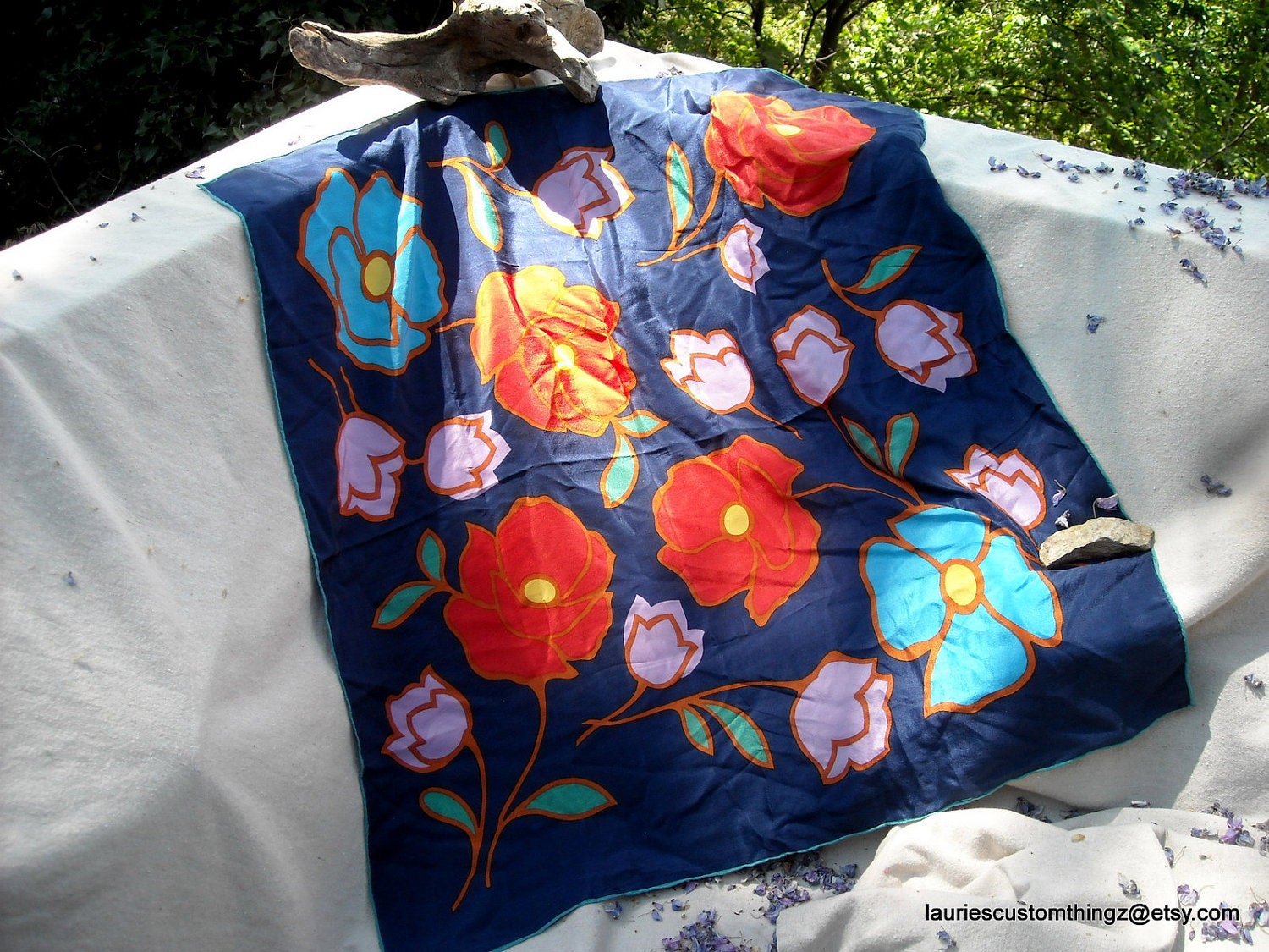 Vitnage Silk Scarf 60s Mod Floral no tag Hand Rolled Hem Very Pretty 29.5 by 31