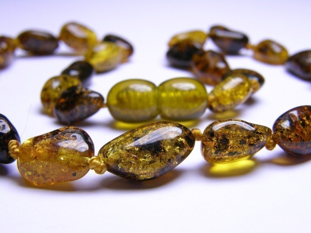 Green, Greenish amber nuggets teething necklace for your baby and FREE GIFT.
