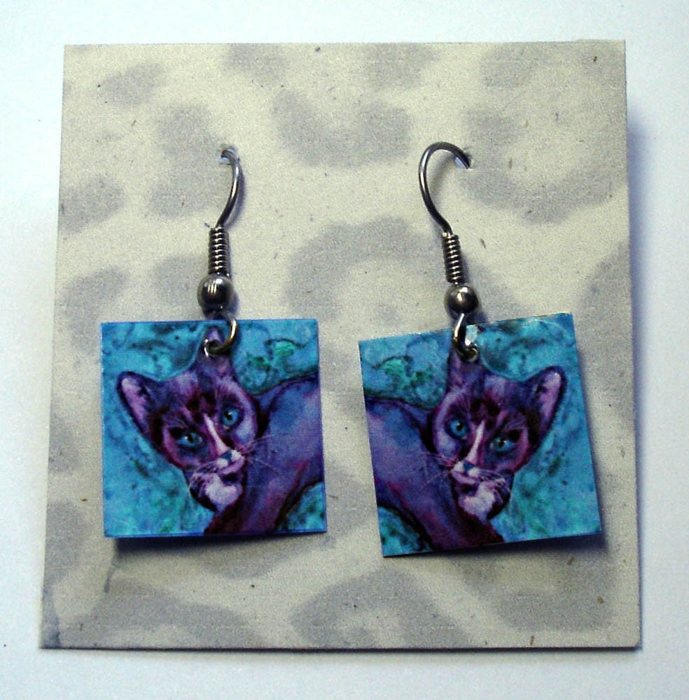 Tuxedo Kitten Cat Earrings - Laminated Paper with Sterling Silver French Hooks - Ranlett A4C