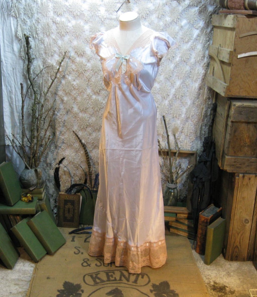 30s Nightgown Blue Silk Bias Satin Vintage lace and ruching