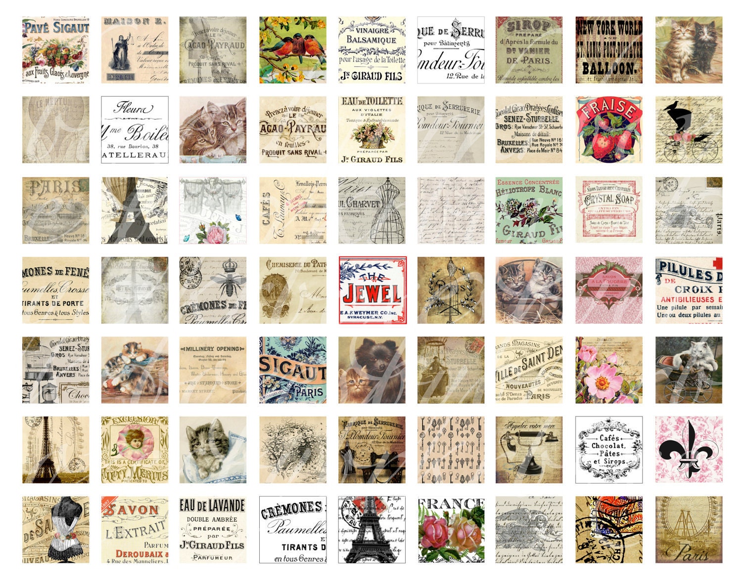 digital collage sheet, 63 one by one inch squares, printable download for paper crafts  --  no. 366