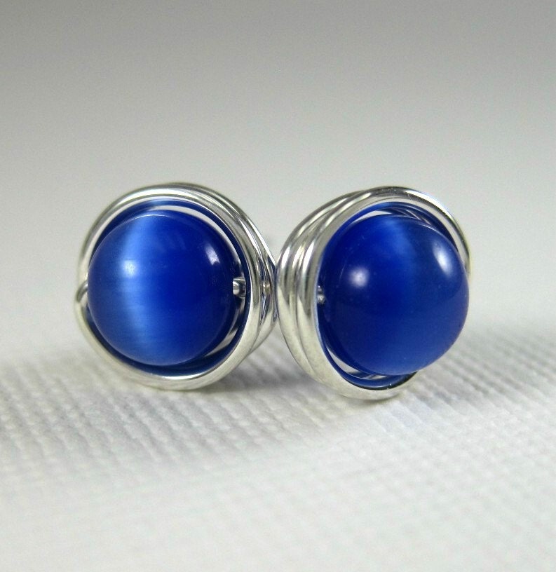 Stud Earrings 6mm Wire Wrapped Sterling Silver and Cobalt Blue Cat's Eye