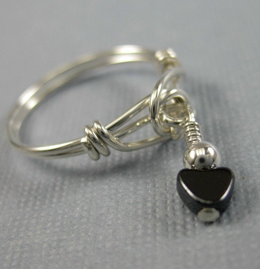 Wire Wrapped Dangle Ring Sterling Silver and Hematite Heart