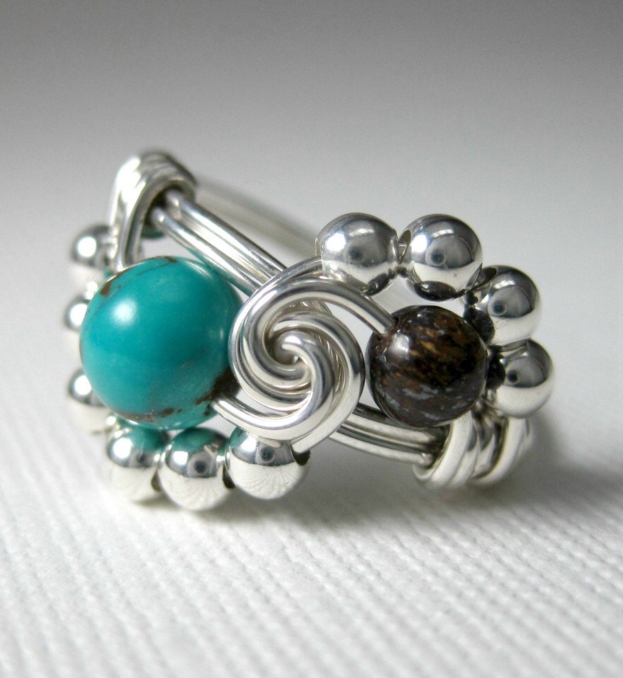 Turquoise Ring Sterling Silver Wire Wrapped Ring Turquoise and Bronzite Binary
