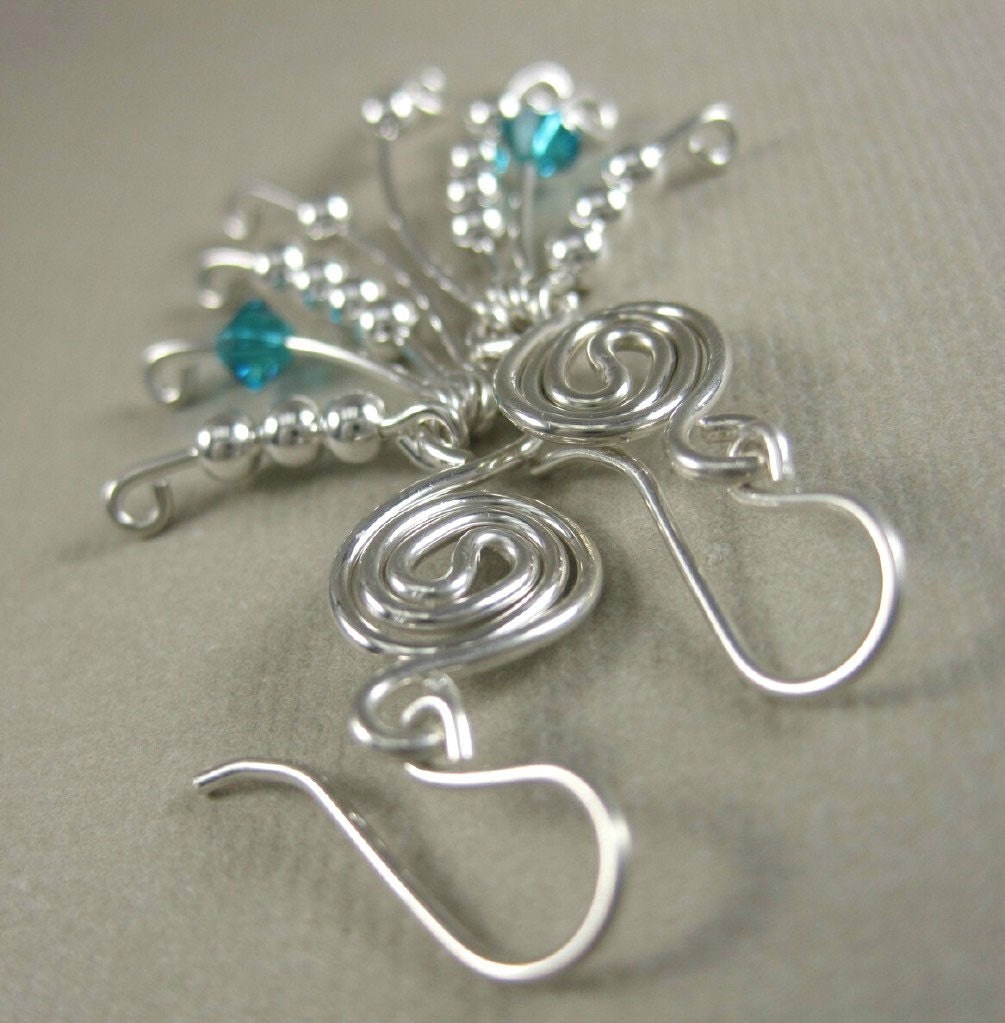 Pi -- Teal Blue Crystal and Sterling Silver Wire Wrapped Pi Dangle Earrings