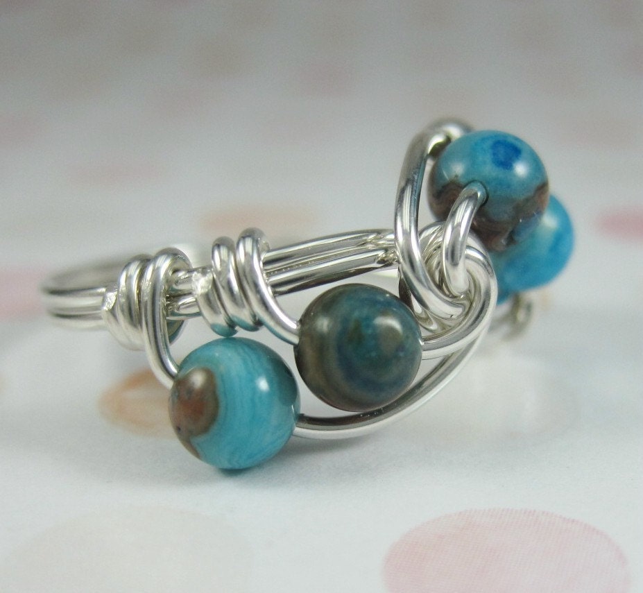 Wire Wrapped Ring Blue Crazy Lace Agate and Sterling Silver Fibonacci Sequence