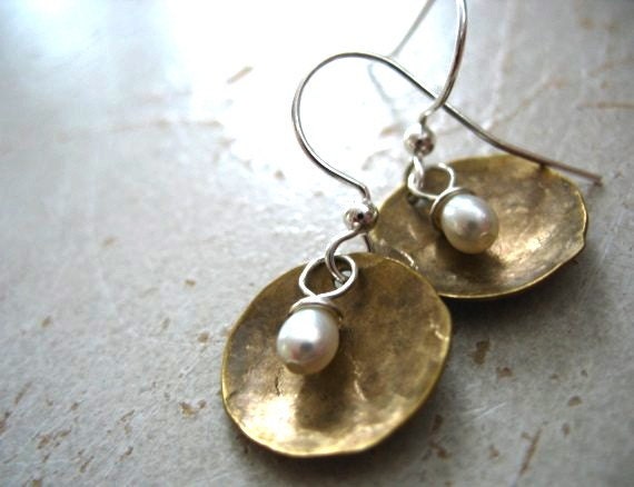 Pearl Earrings, Freshwater Pearl Dome Dangle Drop Earrings, Metalwork White Pearl Earrings, Pearl Jewelry, FREE Shipping
