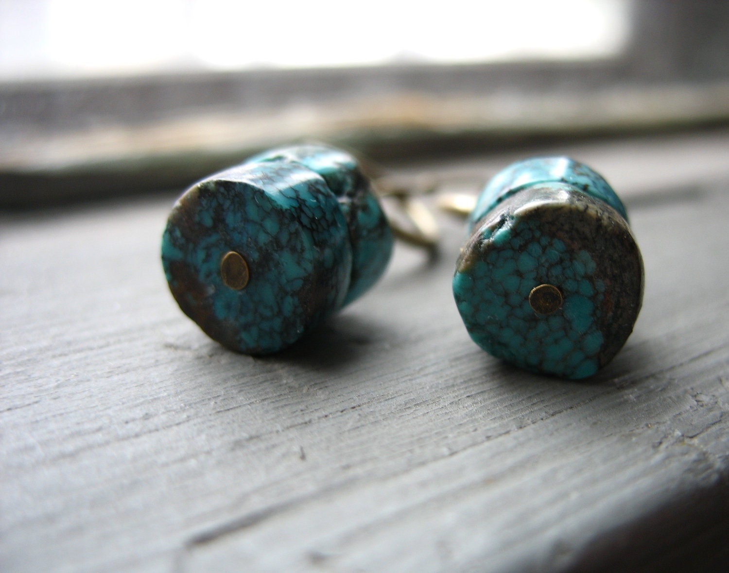 Turquoise Earrings, Turquoise Stone Brass Hoop Dangle Drop Earrings, Handmade Turquoise Jewelry, FREE Shipping