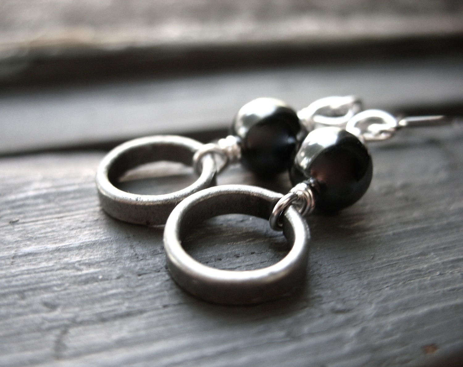 Hematite Earrings, Hematite Stone Oxidized Silver Hoop Dangle Drop Earrings, Handmade Metalwork Stone Earrings, FREE Shipping