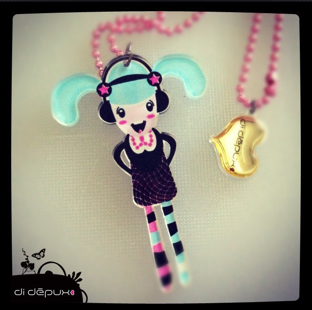Acrylic Plexiglass necklace printed laser cut ''MUSIC GIRL'' Kawaii