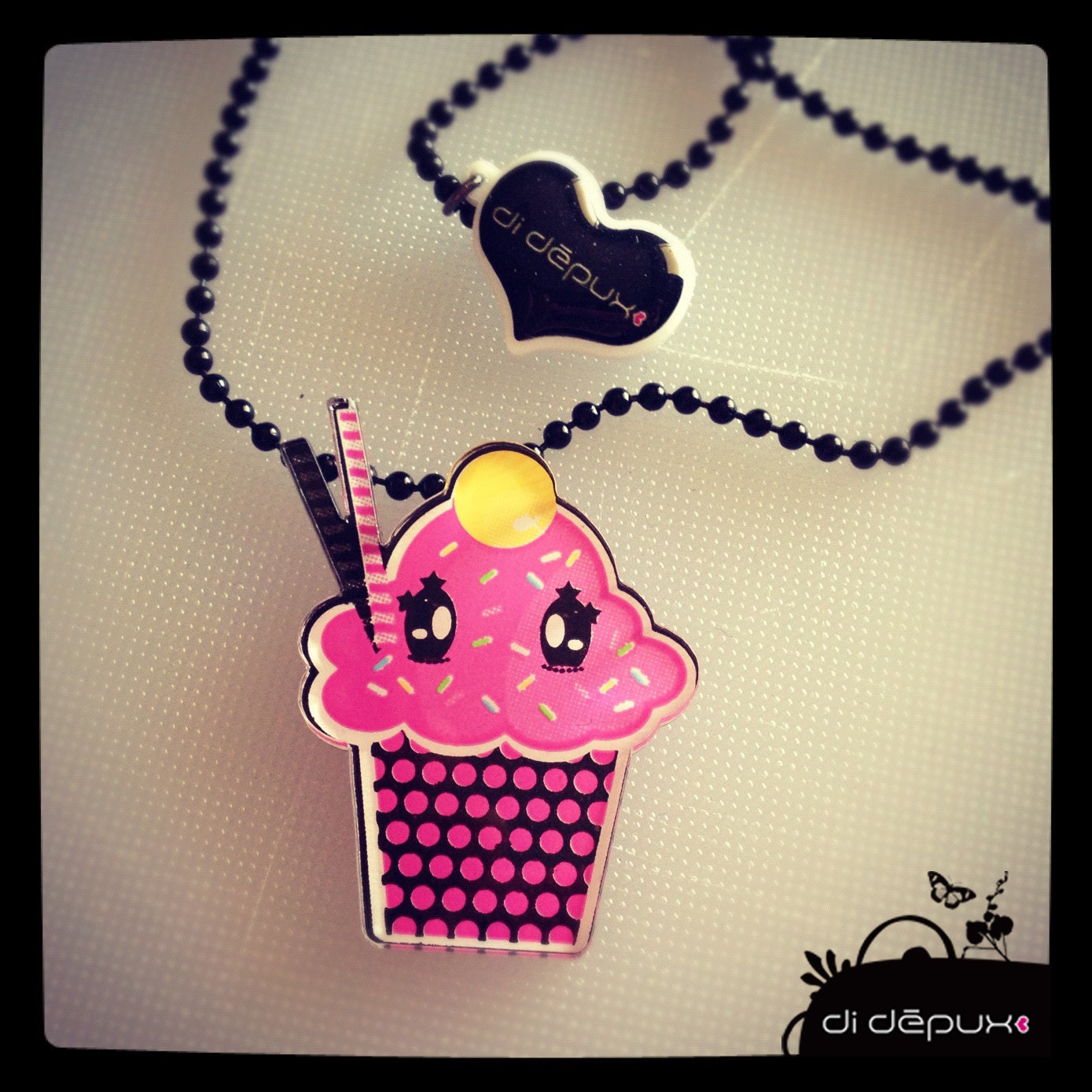 Acrylic Plexiglass necklace or Brooch printed laser cut ''SMALL PINK CUPCAKE'' Kawaii