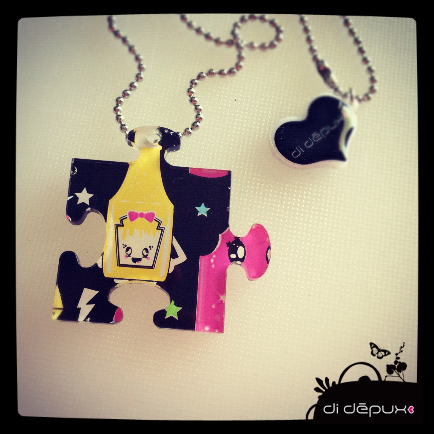 Acrylic Plexiglass necklace or brooch printed laser cut  ''PUZZLE'' Kawaii