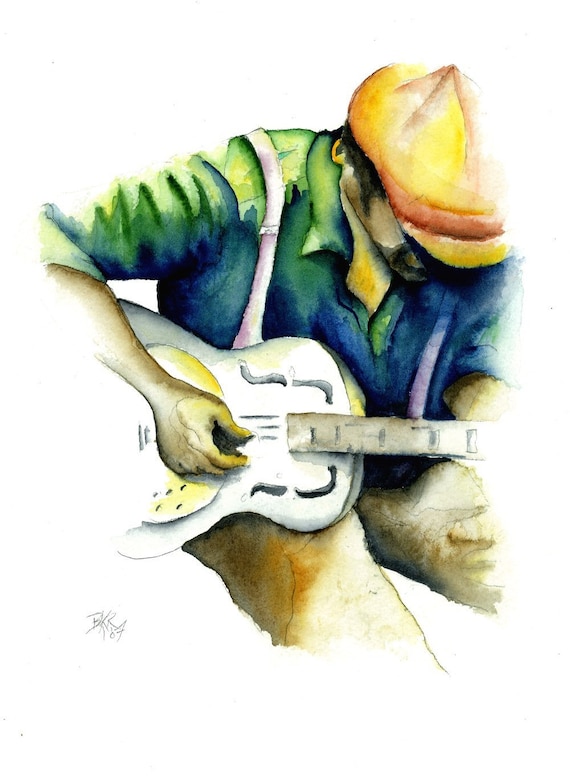 Delta Blues Man Art Print - Dobro Resonator musician watercolor painting