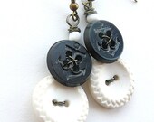 Nautical Anchor Vintage Button Earrings Black and White