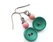 Button Earrings in Emerald Green and Coral Pink