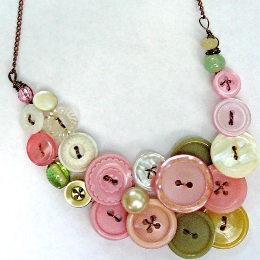 Gentle Pink Button and Bead Necklace