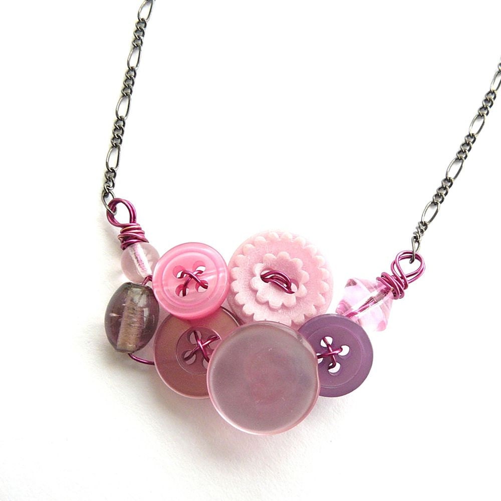 Pretty Little Pink and Purple Button and Bead Necklace