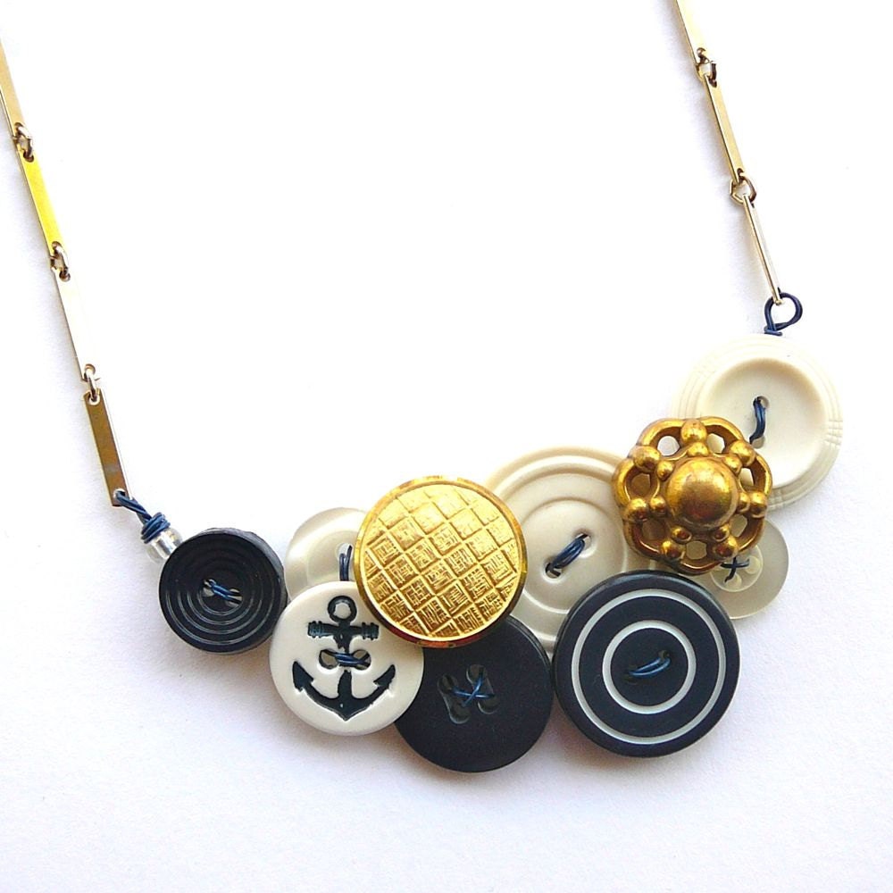 Nautical Navy Blue, White, and Brass Vintage Button Necklace with Anchor