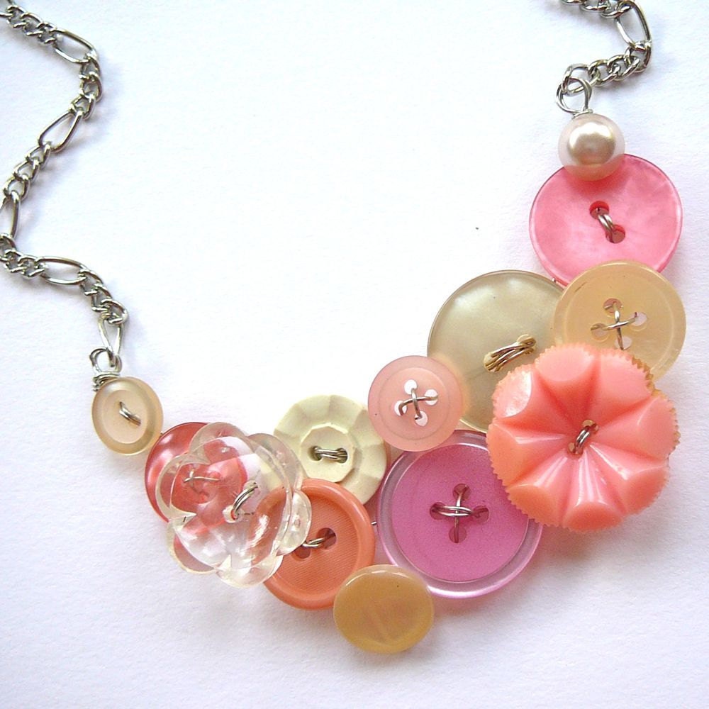Button Necklace in Pretty Coral, Pink and White Upcycled Vintage Button Jewelry