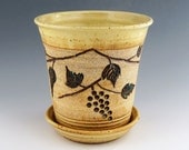 Wine Chiller with Carved Grapes on the Vine - Creamy Yellow-Ice bucket- utensil holder - Handmade wheel thrown pottery