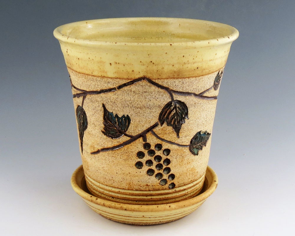 Wine Chiller with Carved Grapes on the Vine - Creamy Yellow-Ice bucket- utensil holder - Handmade wheel thrown pottery