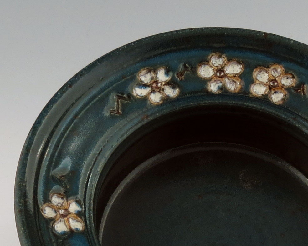 Cherry Blossom 3" Candleholder / Wine Bottle Coaster , Turquoise green, handmade wheel thrown pottery by Loma Prieta Pottery