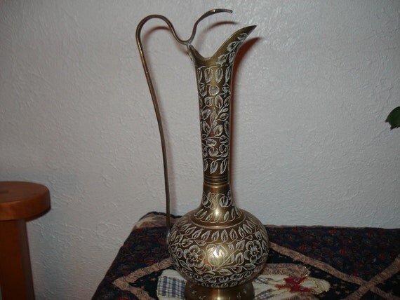 Vintage Decorative Brass Metal Pitcher Vase Etched by cjo785
