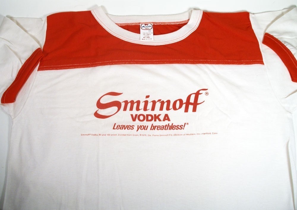 Vintage SMIRNOFF Vodka White and Red Ringer T-Shirt Size Large NEVER WORN
