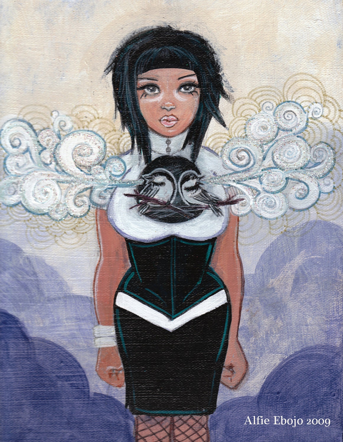 Women and chickadees Vinyl Postcard Sized Magnet