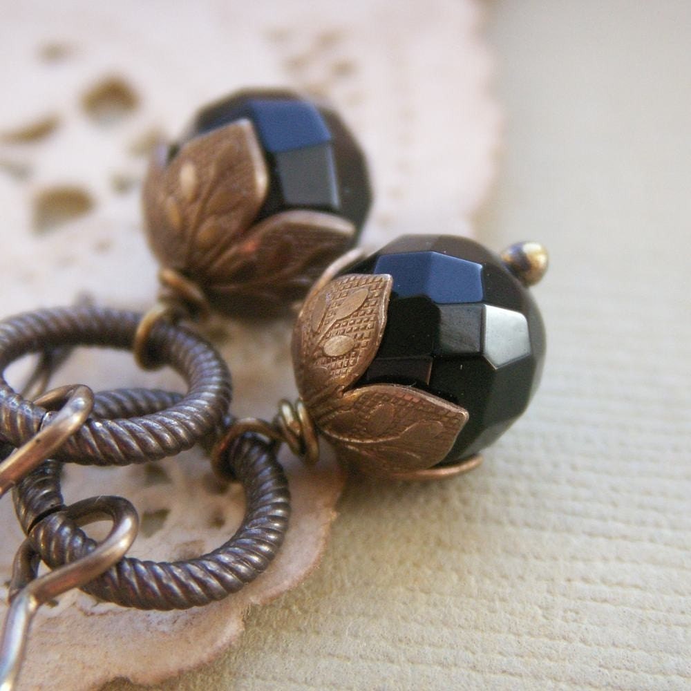 Black earrings, brown antiqued brass, faceted black onyx, vintage inspired dangle earrings