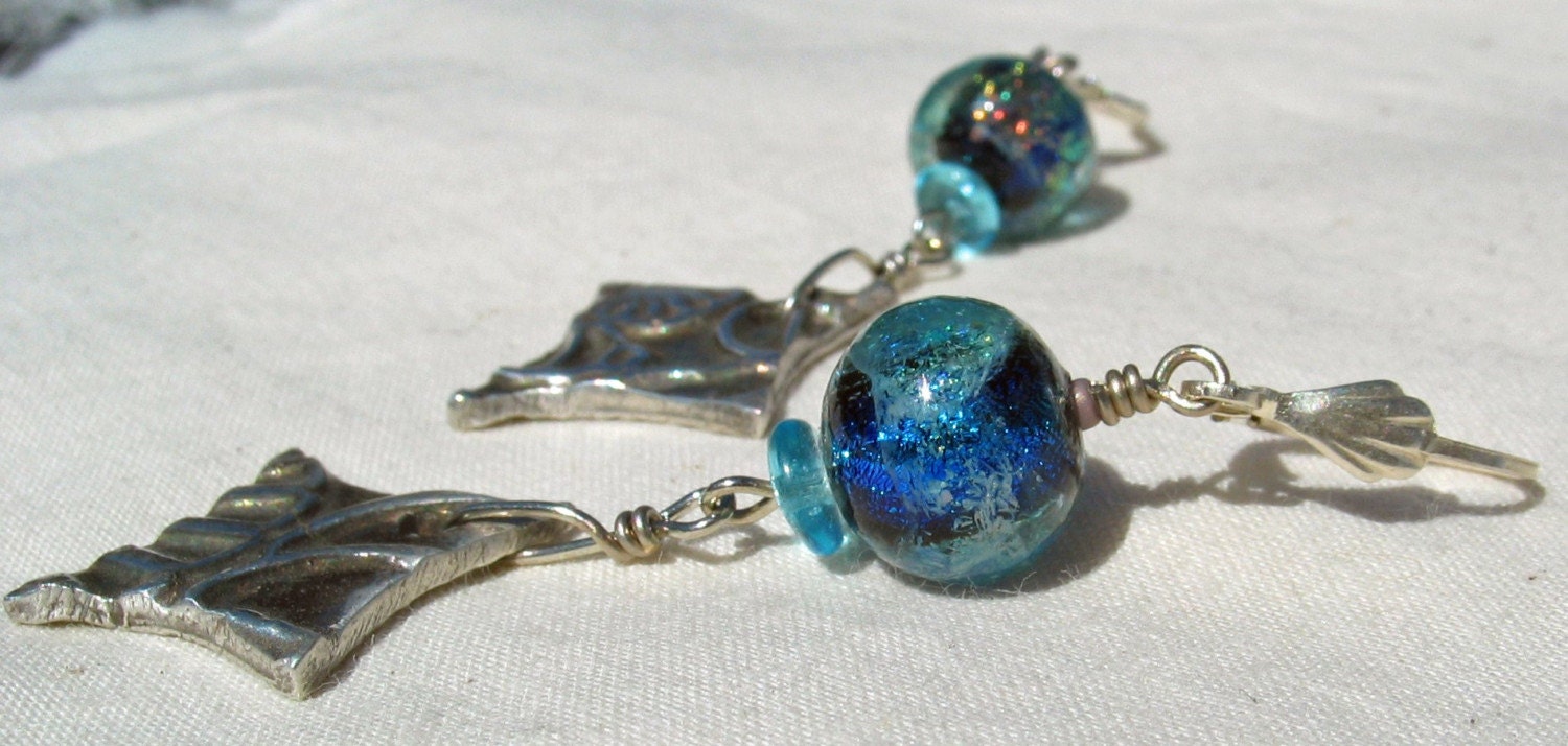 Blue Dichroic Glass Earrings with Silver Charm dangle - Twinkling Sea