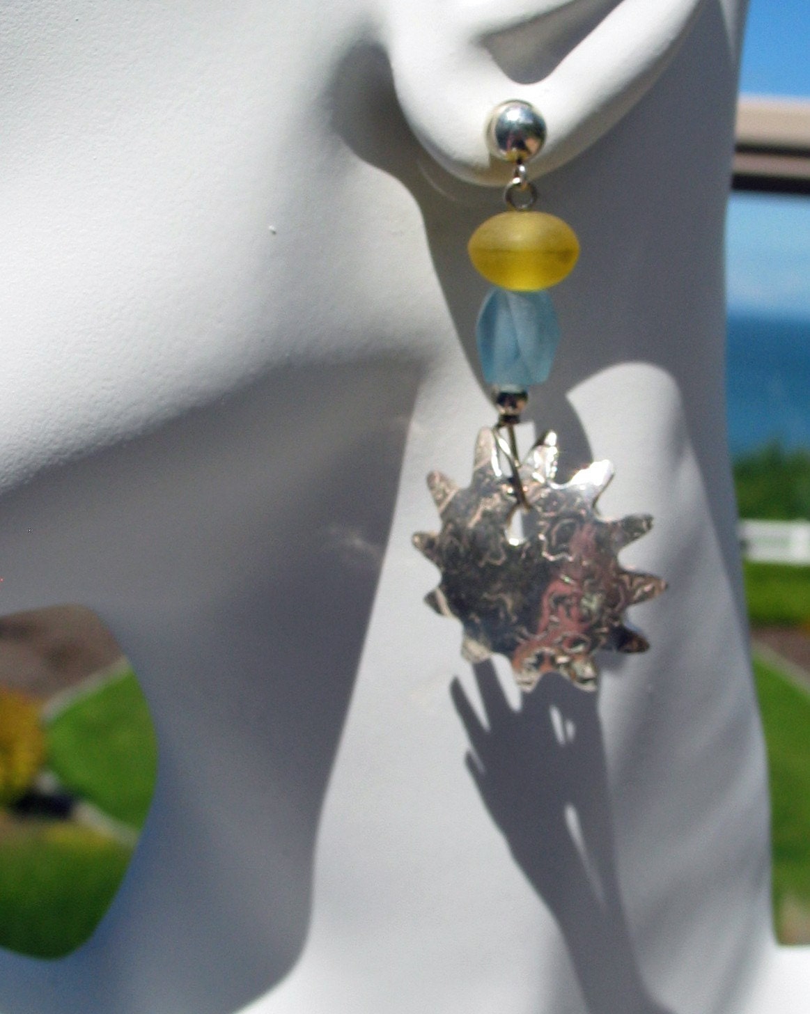 Summer Earrings of Silver Sun Charms and yellow and blue resin beads
