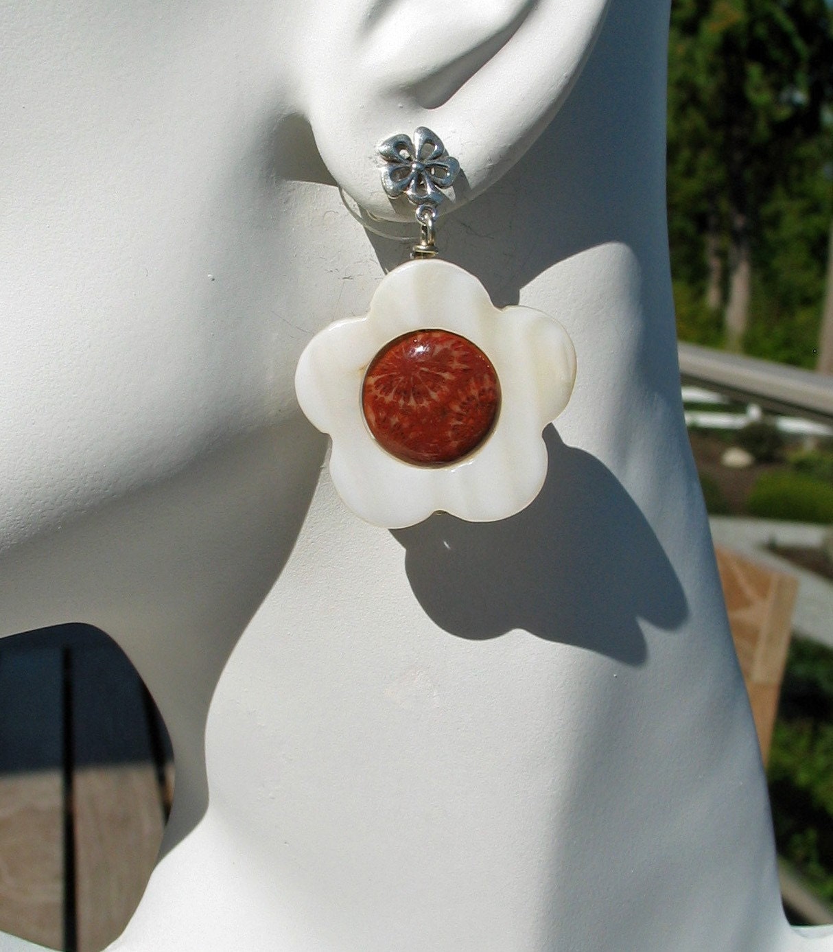 Flower Earrings with Red Fossilized Coral Agate Coins and Mother of Pearl