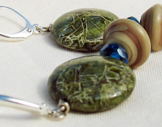 Forest Earrings in green and blue - featuring Mossy Green Lace Agate and lampwork - Spring Earrings