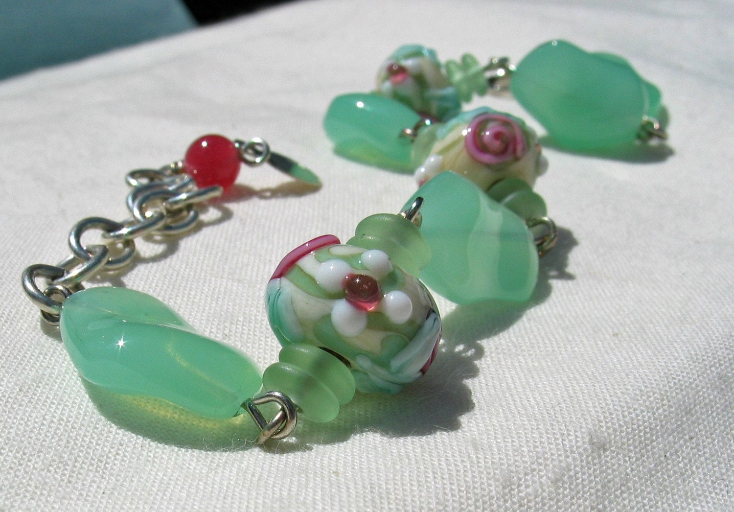 Rose Lampwork Bead Bracelet - Organic Mint Green Beads