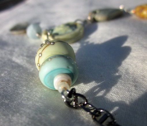 Teal and Cream Artisan Beaded Necklace - Gardens by the Sea - Boho style