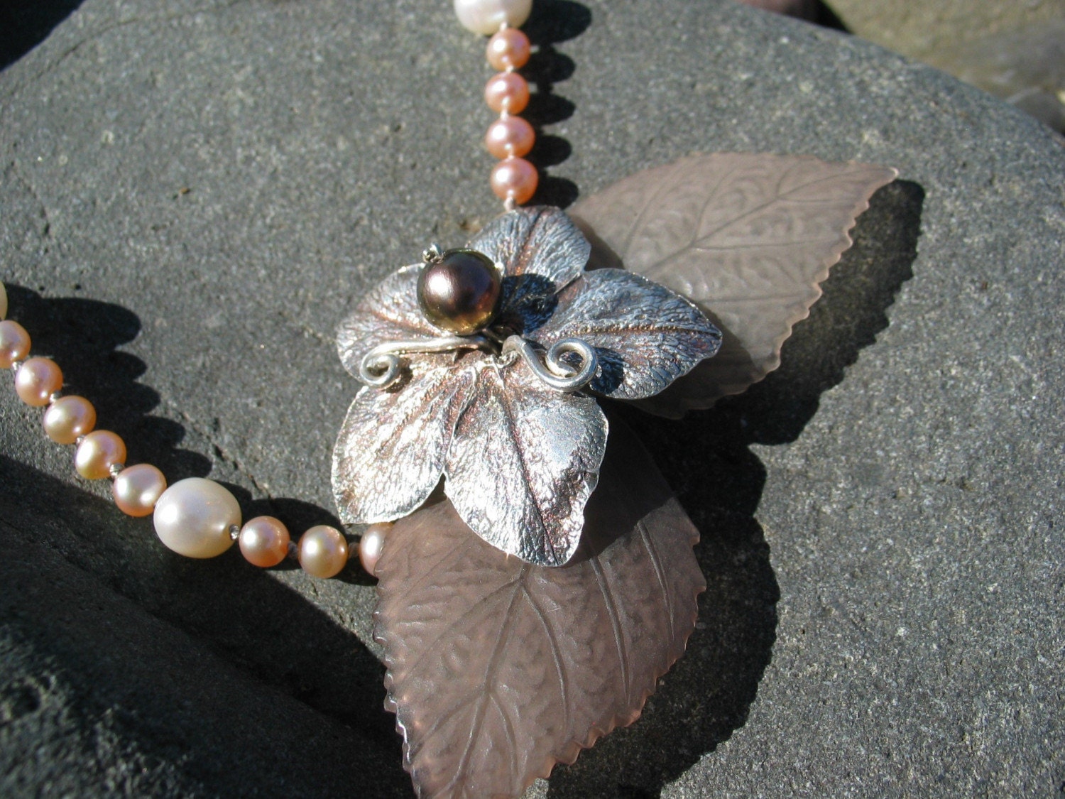 Fine Silver Flower Necklace on Peach and White Pearls