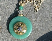 Amazonite and Button Pendant Necklace - Vintage French Enameled button