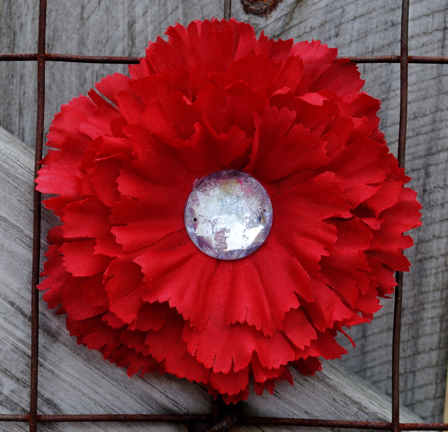 Ruby Red Flower Hair Clip with Rhinestone Bling Center Fascinator