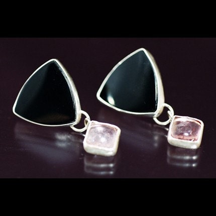 Silver Earrings with Onyx with Pink Tourmaline Gemstones