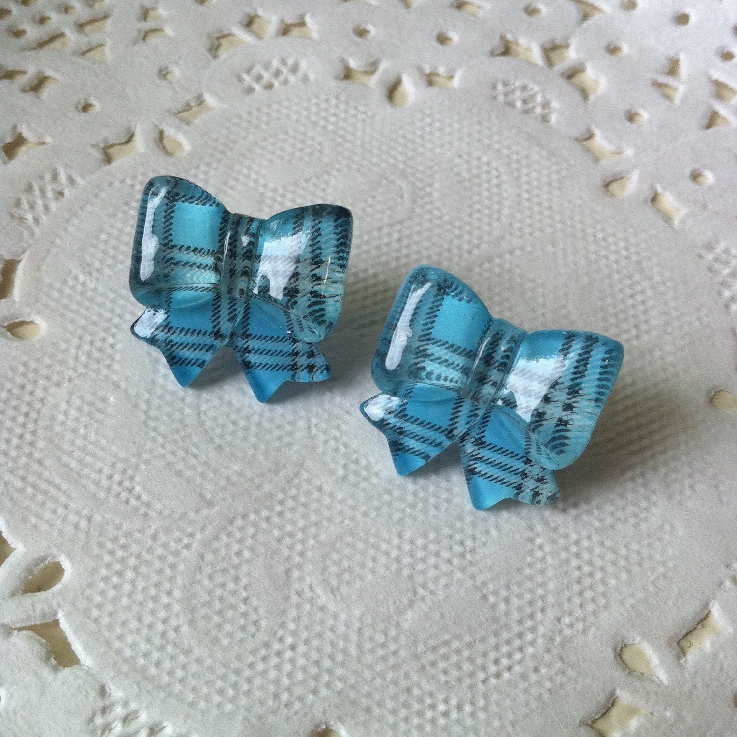 Blue Tartan Bow Earrings