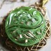 Vintage Style Green Czech Glass Button Pendant Necklace Filigree Brass