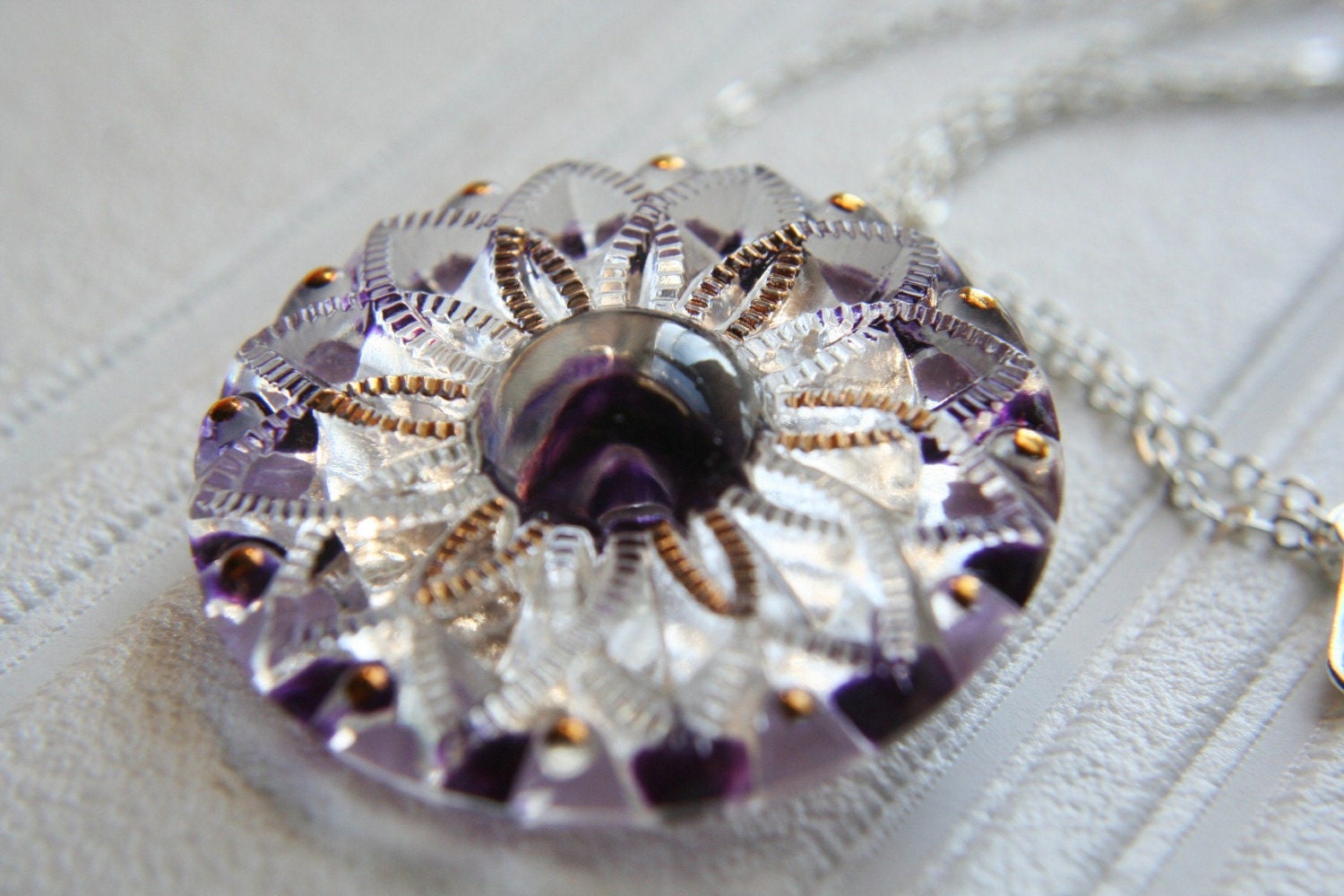 Pretty PURPLE  Czech Glass Button Pendant Necklace Large