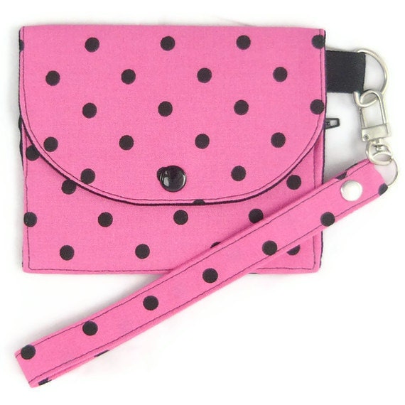 Wristlet Pouch Coin Purse Card Holder Snap Closure Zipper Pocket - Hot Pink Black Dots