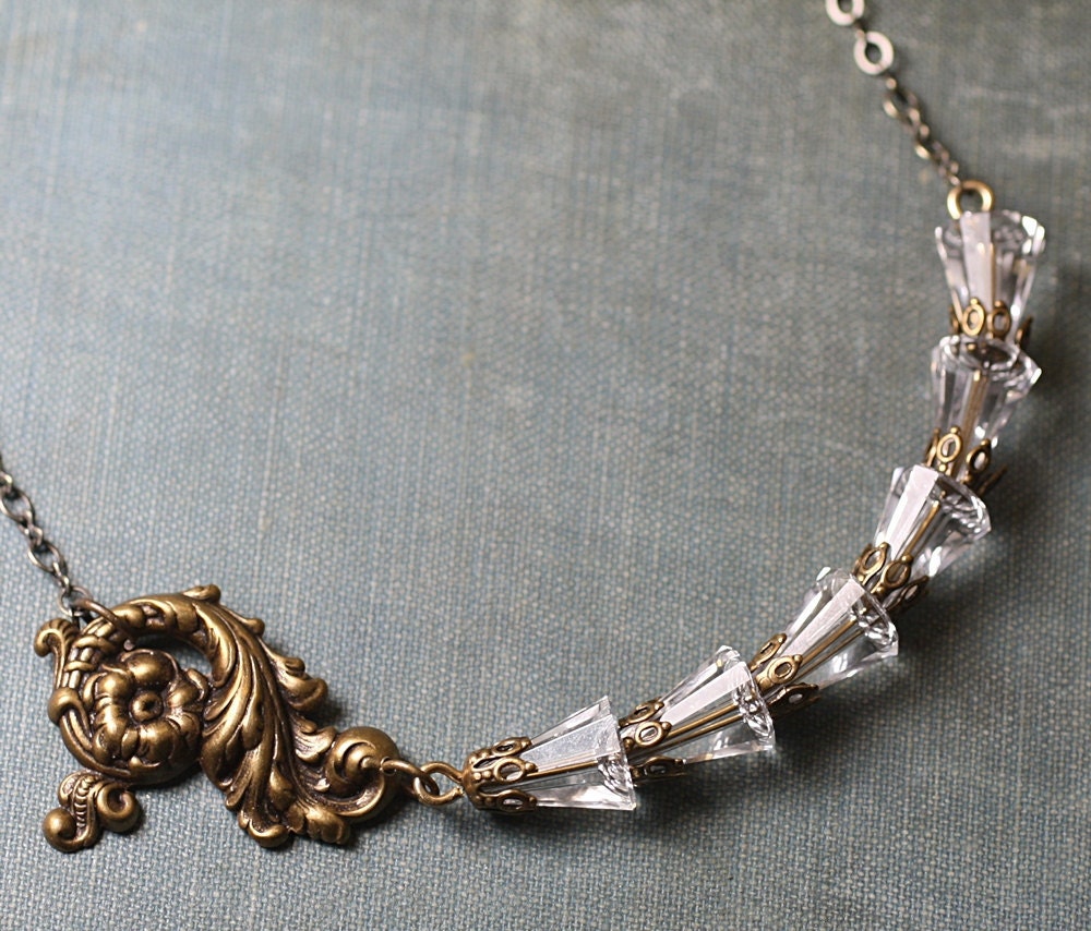 Crystal necklace bridal antique style rococo  elegant brass
