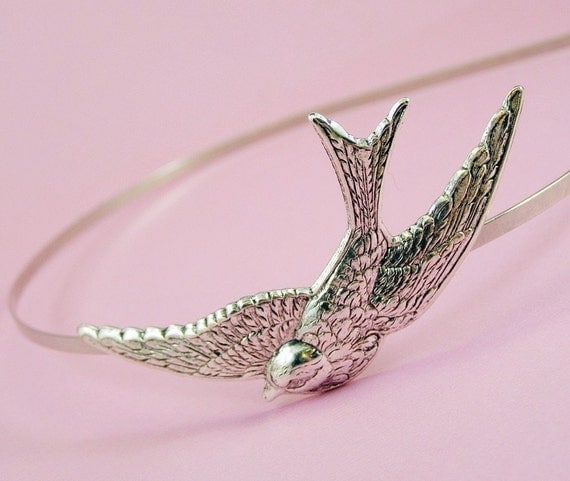 Bird headband swallow silver metal retro