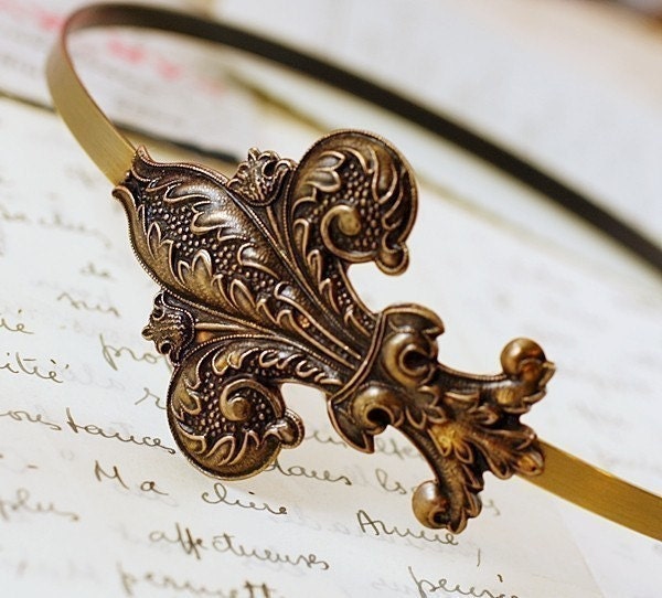 Fleur de lis headband antique style brass french Victorian