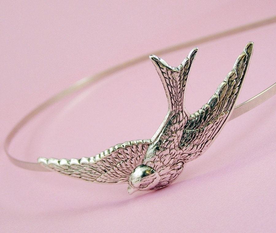 Bird headband swallow silver metal retro